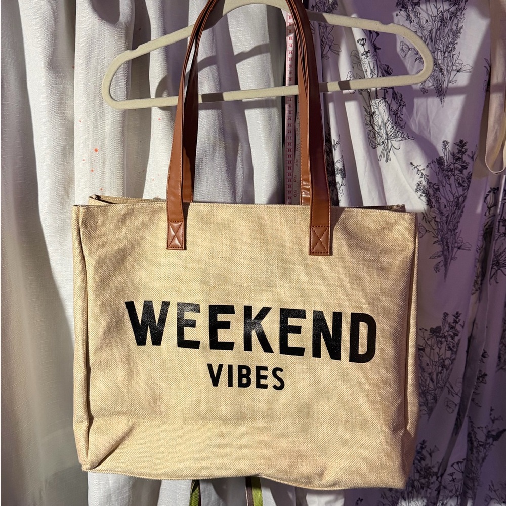 Weekend Vibes Tan Tote Bag - Picture 1 of 7
